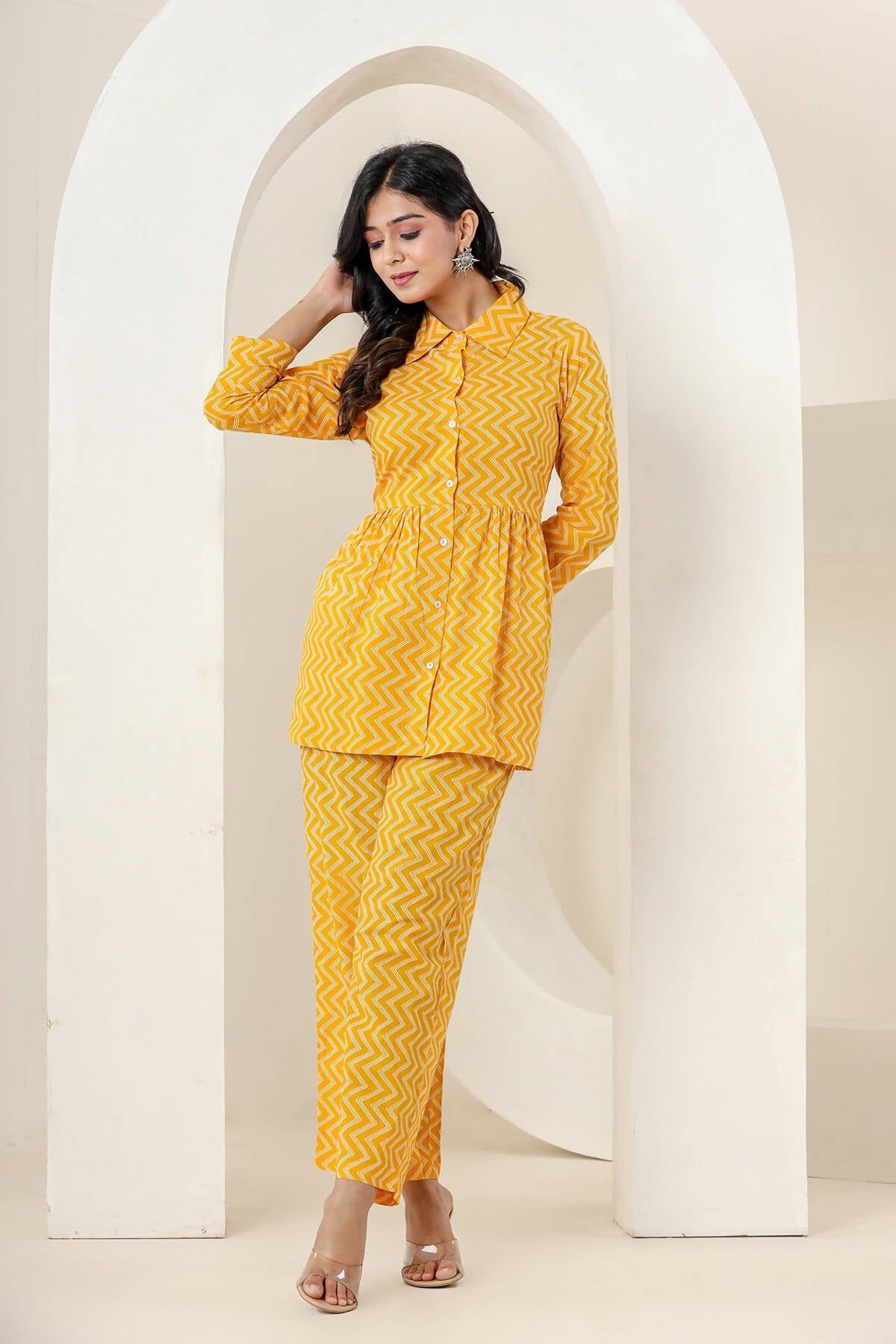 Kaajh Women's Yellow Zigzag Print Cotton Co-ord Set | Grocsy