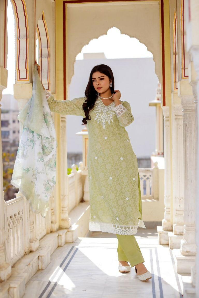 Vaasva Women Pista Green Linen Printed Kurta, Pant & Dupatta set | Grocsy