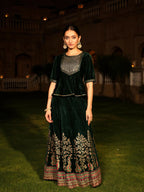 Juniper Women's The Sunehri Green Zari Embroidered Velvet Top & Skirt Set With Sequins & Lace | Grocsy