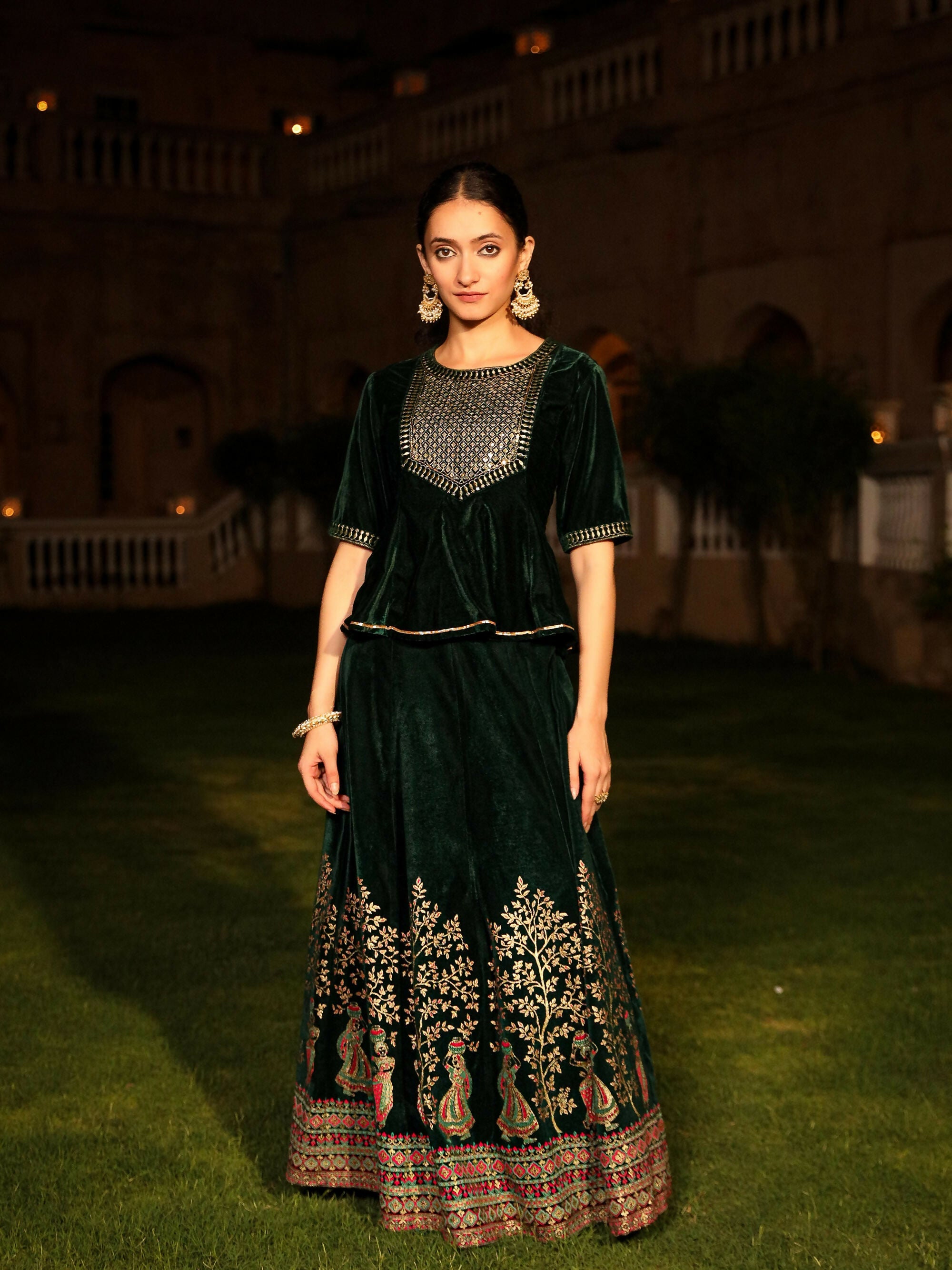 Juniper Women's The Sunehri Green Zari Embroidered Velvet Top & Skirt Set With Sequins & Lace | Grocsy