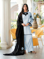 Nikhaar Light Blue Embroidered Organza Stitched Straight Cut Kurta Farshi Salwar Dupatta Readymade Suit | Grocsy