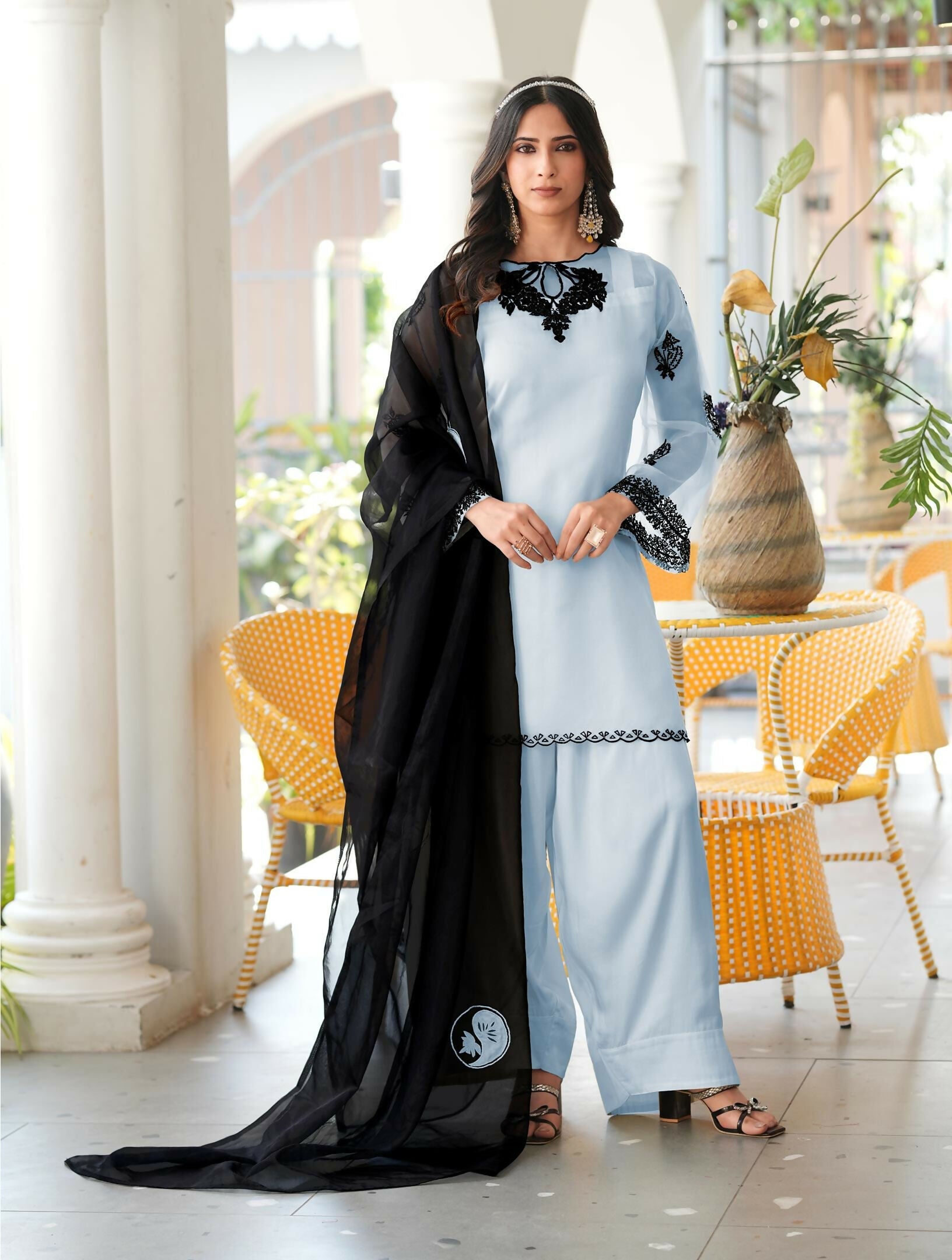 Nikhaar Light Blue Embroidered Organza Stitched Straight Cut Kurta Farshi Salwar Dupatta Readymade Suit | Grocsy