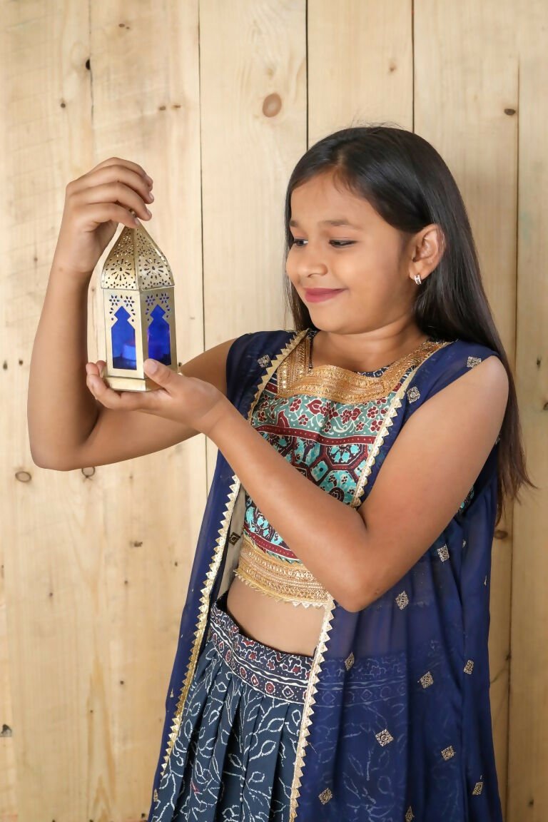 Aayaa Designer Printed Silk Embroidery Kids Lehenga Choli - Blue | Grocsy