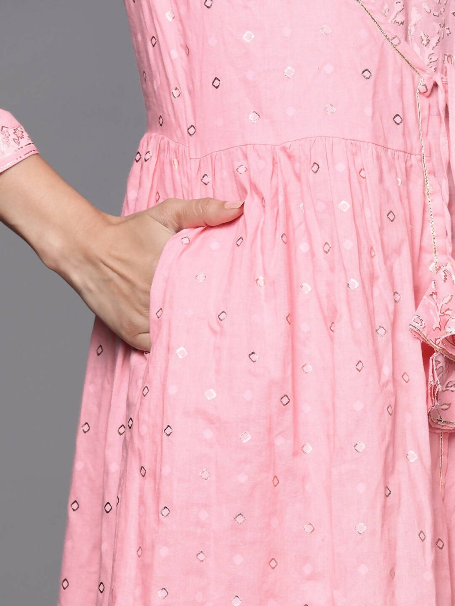 Ahalyaa Pink & Gold Ethnic Printed Layered Front Slit Cotton Anarkali Kurta Palazzos | Grocsy