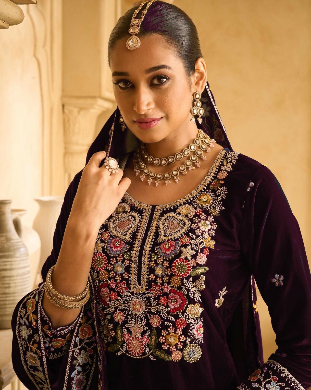 Anaita Wine Embroidered Velvet Stitched Plazo Suit | Grocsy