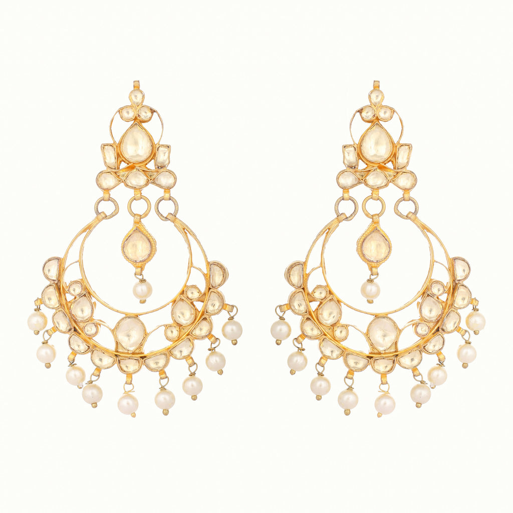 Nuyug 22K Gold Plated Kundan Studded Contemporary Shaped Pearl Drop Chandbalis | Grocsy