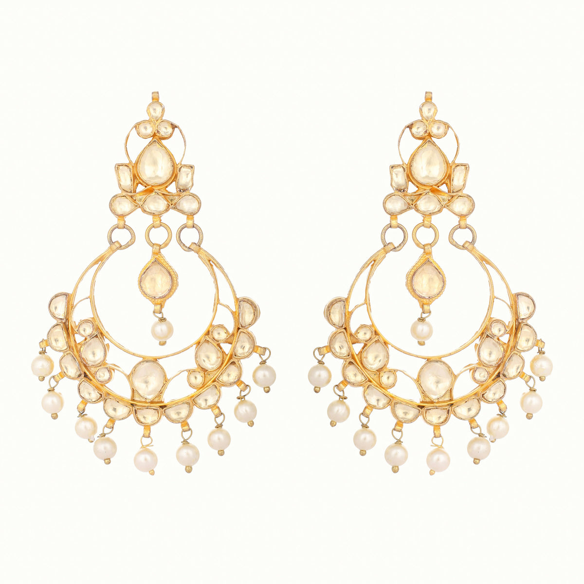Nuyug 22K Gold Plated Kundan Studded Contemporary Shaped Pearl Drop Chandbalis | Grocsy