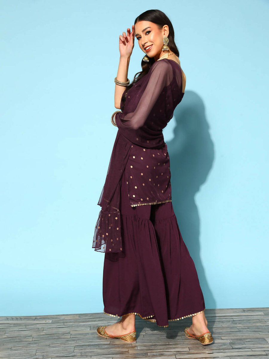 Ahalyaa Women Wine Colour Crepe Gold Printed Kurta Sharara Set | Grocsy