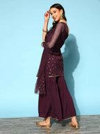 Ahalyaa Women Wine Colour Crepe Gold Printed Kurta Sharara Set | Grocsy