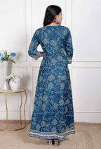 Miravan Women's Blue Cotton Embroidered Neck Anarkali Kurta | Grocsy