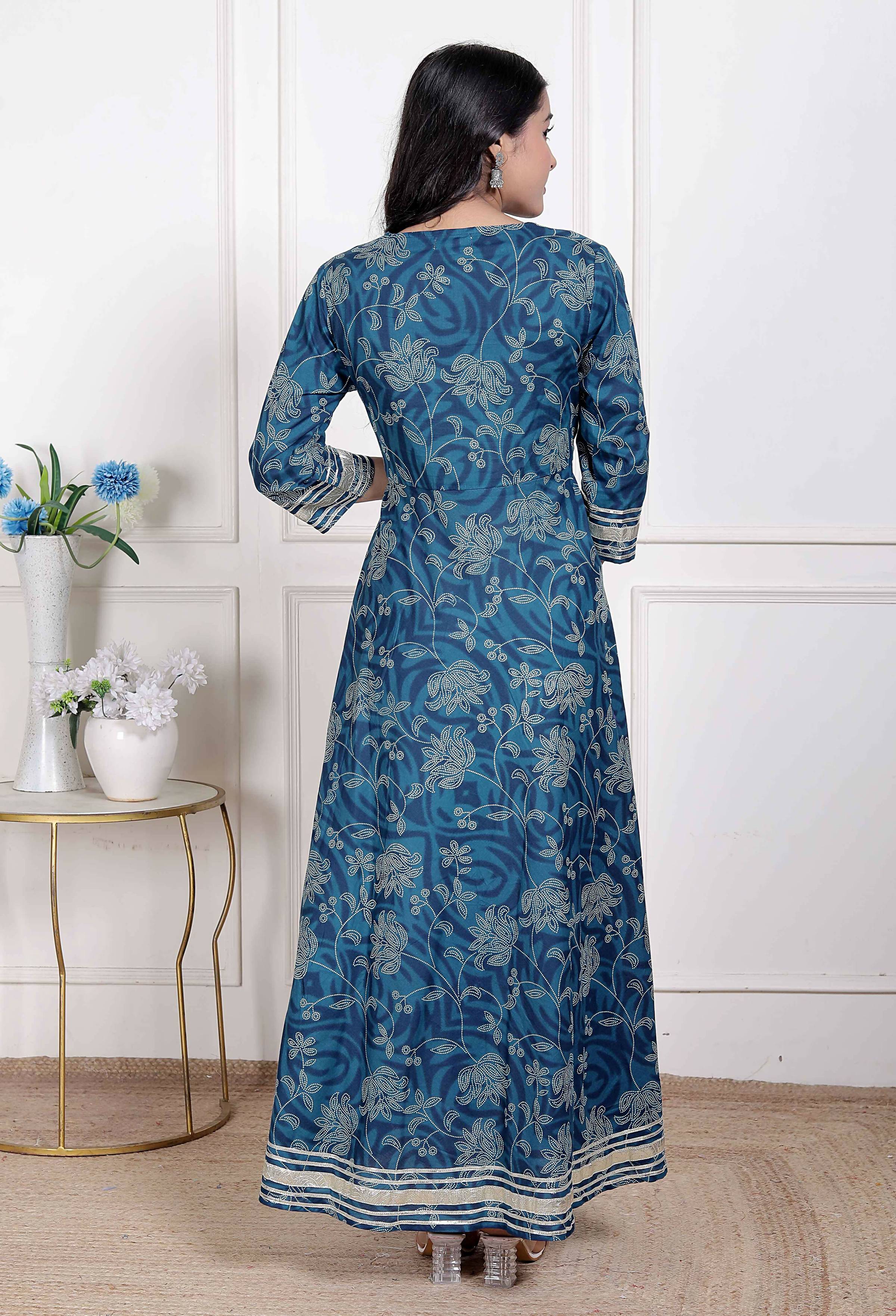Miravan Women's Blue Cotton Embroidered Neck Anarkali Kurta | Grocsy