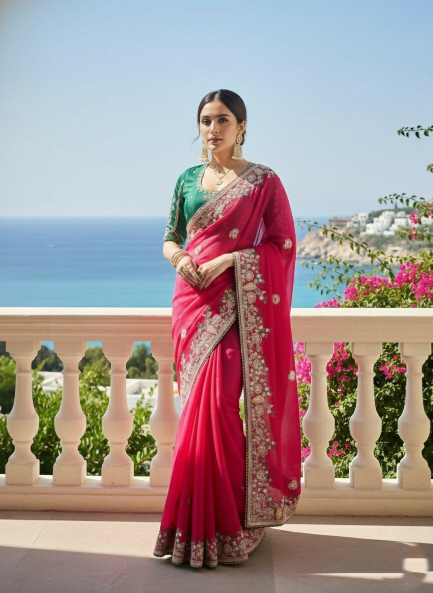 Teeya Creation New Stylish Party Wear Soft Fendy Chiffon Silk Saree-Pink | Grocsy
