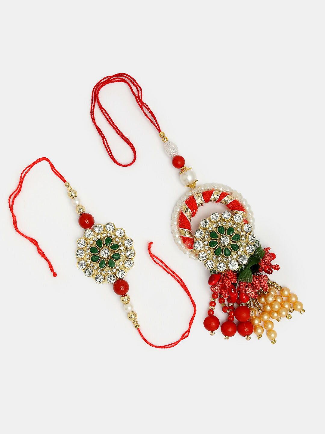 NVR Women & Men Set of 2 Red & Gold Toned Stone-Studded & Beaded Bhaiya Bhabhi Rakhi With Roli Chawal | Grocsy