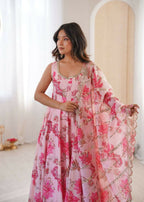 Teeya Creation Pink Pure Muslin Silk Digital Print Traditional Wear Long Gown | Grocsy