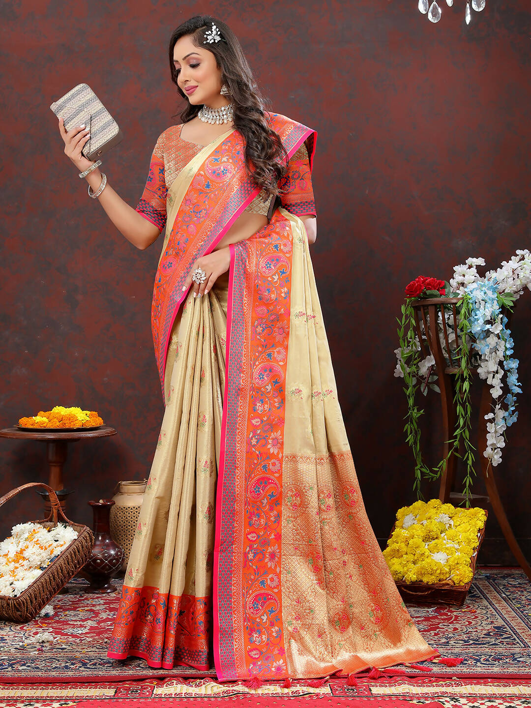 Lorenvalley Fashion Cream Kanjivaram Silk Woven Design with Zari Weaving Saree | Grocsy