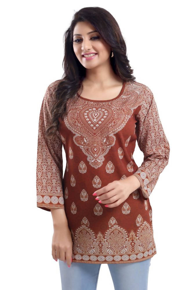 Snehal Creations Faux Crepe Rust Short Kurti Tunic Top | Grocsy