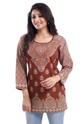 Snehal Creations Faux Crepe Rust Short Kurti Tunic Top | Grocsy
