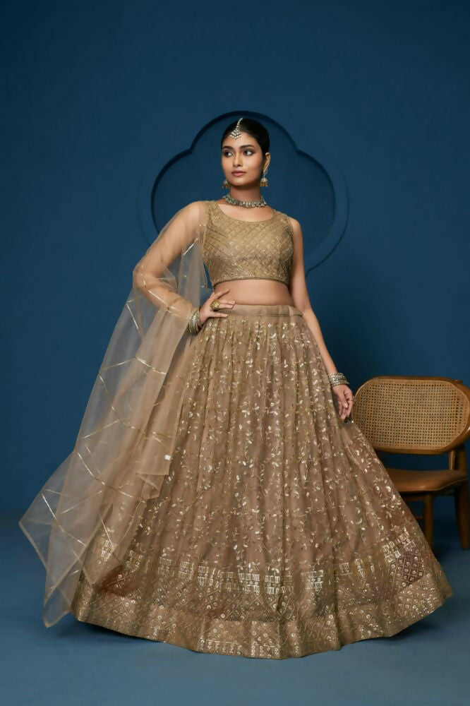 Brown Soft Netzari Embroidery Work Lehenga Choli - Jihu Culture | Grocsy