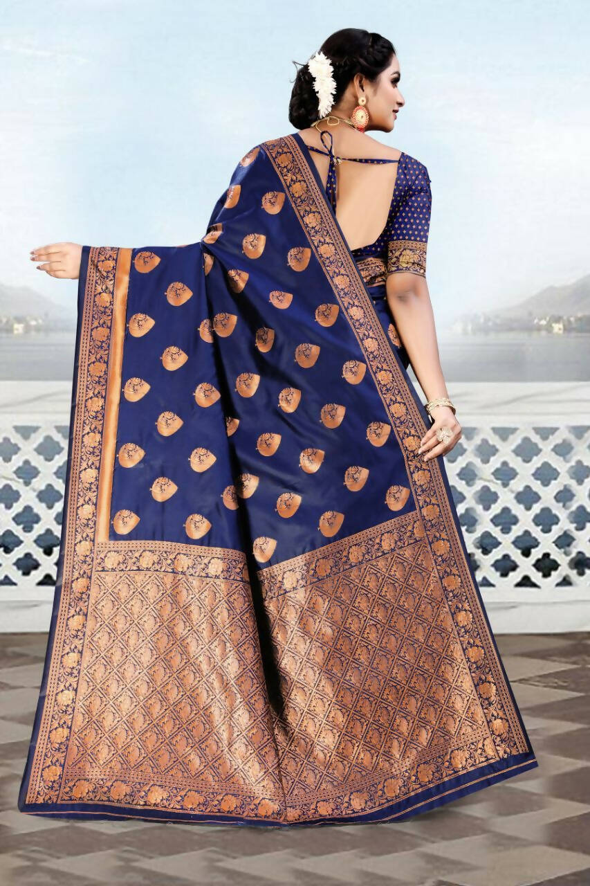 DEIANA'S Beautiful Designer Golden zari Soft Lichi Silk Saree - Blue | Grocsy