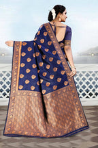 DEIANA'S Beautiful Designer Golden zari Soft Lichi Silk Saree - Blue | Grocsy