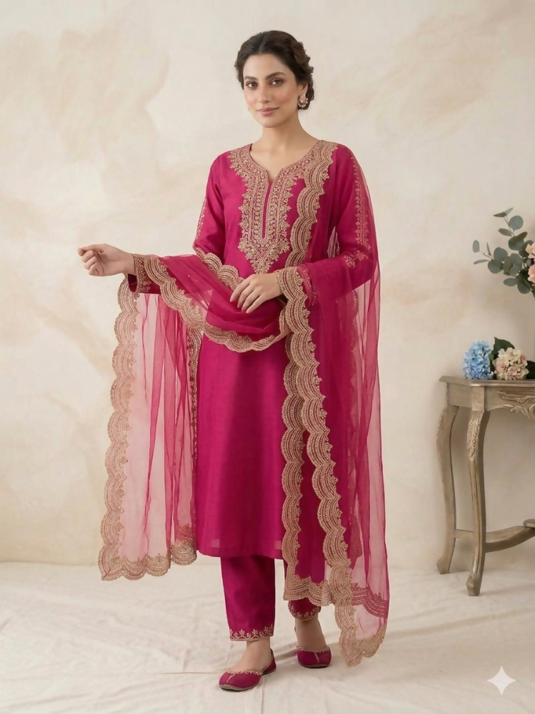 Teeya Creation New Womens Rani Pink Straight Cut Kurta Set with Scalloped Embroidered Organza Dupatta Set | Grocsy
