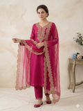 Teeya Creation New Womens Rani Pink Straight Cut Kurta Set with Scalloped Embroidered Organza Dupatta Set | Grocsy