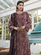 Jyoti Fashion Women's Wine Velvet Digital Print with Resham Thread work Kurta with Trouser & Dupatta | Grocsy