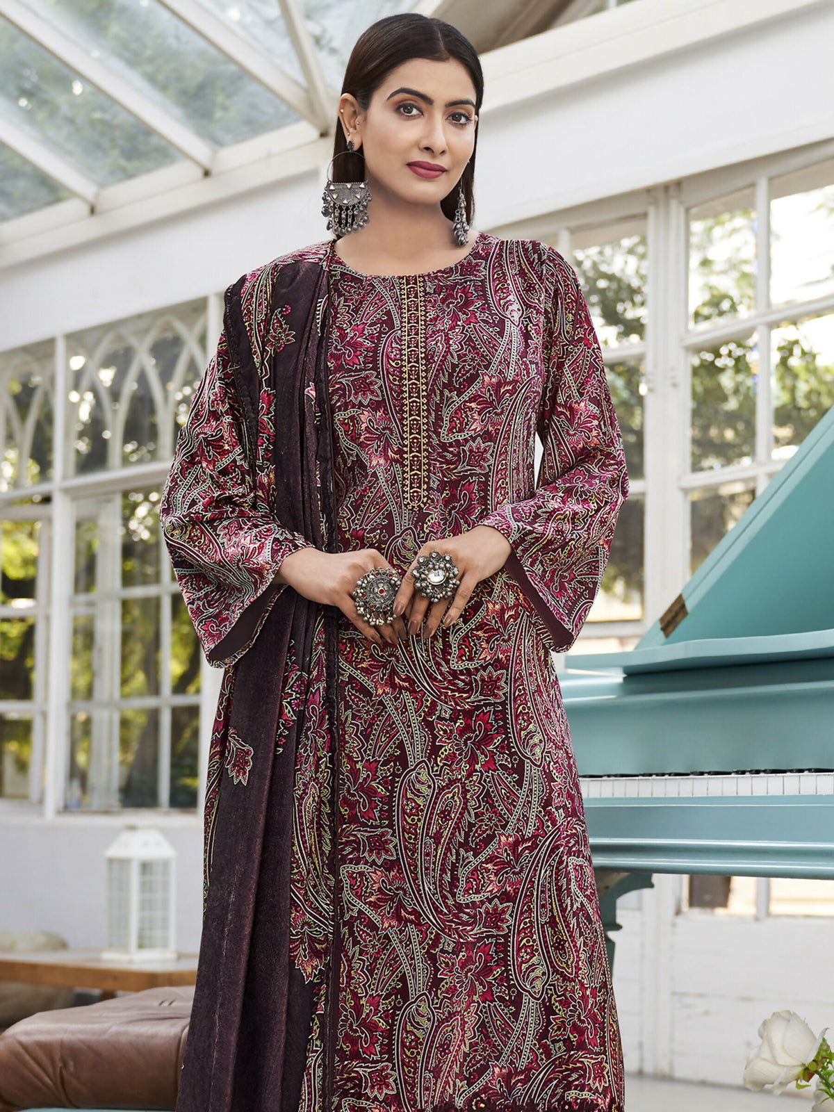 Jyoti Fashion Women's Wine Velvet Digital Print with Resham Thread work Kurta with Trouser & Dupatta | Grocsy