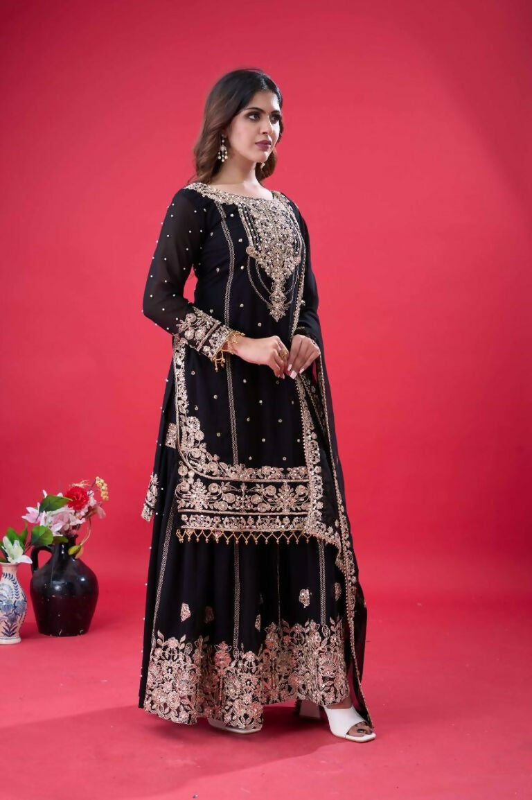 Teeya Creation Black Color Faux georgette Embroidery Work Sharara Set | Grocsy