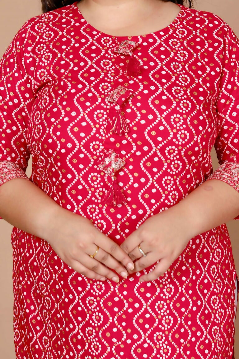 Miravan Women's Plus Size Pink Bandhani Pakistani Straight Kurti | Grocsy