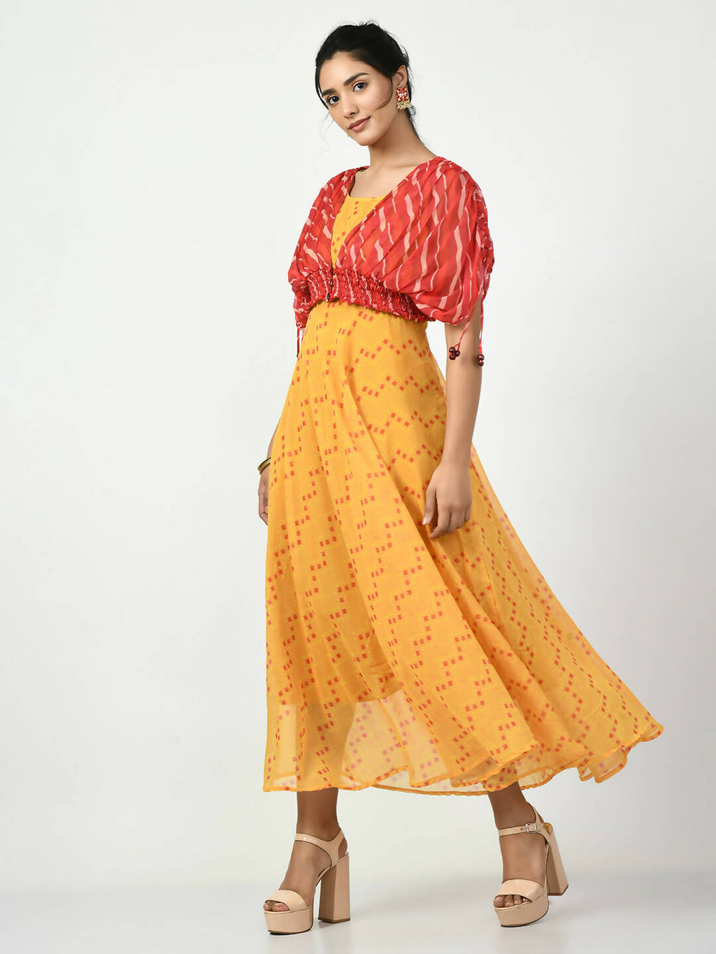 Myshka Women's Yellow Empire Printed Dress | Grocsy