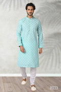 Raivat Ethnic Cotton Printed Work Kurta Pajama In Sea Green Colour | Grocsy
