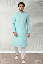 Raivat Ethnic Cotton Printed Work Kurta Pajama In Sea Green Colour | Grocsy