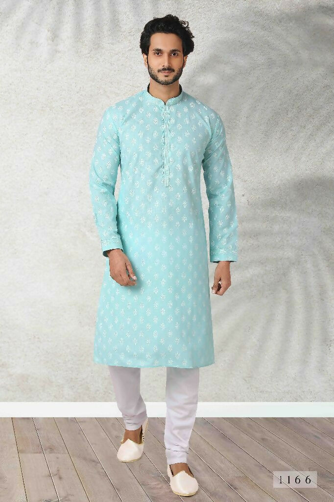 Raivat Ethnic Cotton Printed Work Kurta Pajama In Sea Green Colour | Grocsy