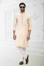 Raivat Ethnic Linen Cotton Thread Work Kurta Pajama In Beige Colour | Grocsy