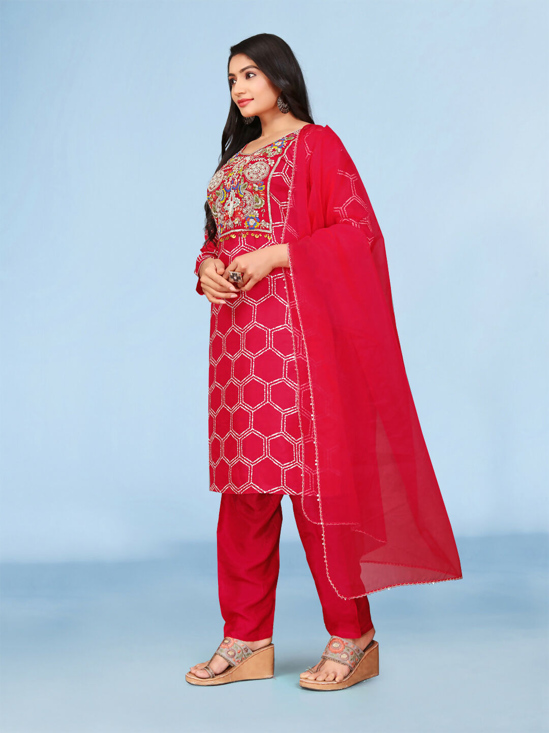Joban Fashion Red Cotton Premium Pure Viscose Print Dola With Handwork Kurta set | Grocsy