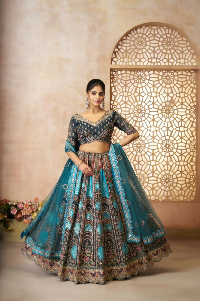 Kesar Fab Blue Banarasi Silk Embroidered Lehenga | Grocsy