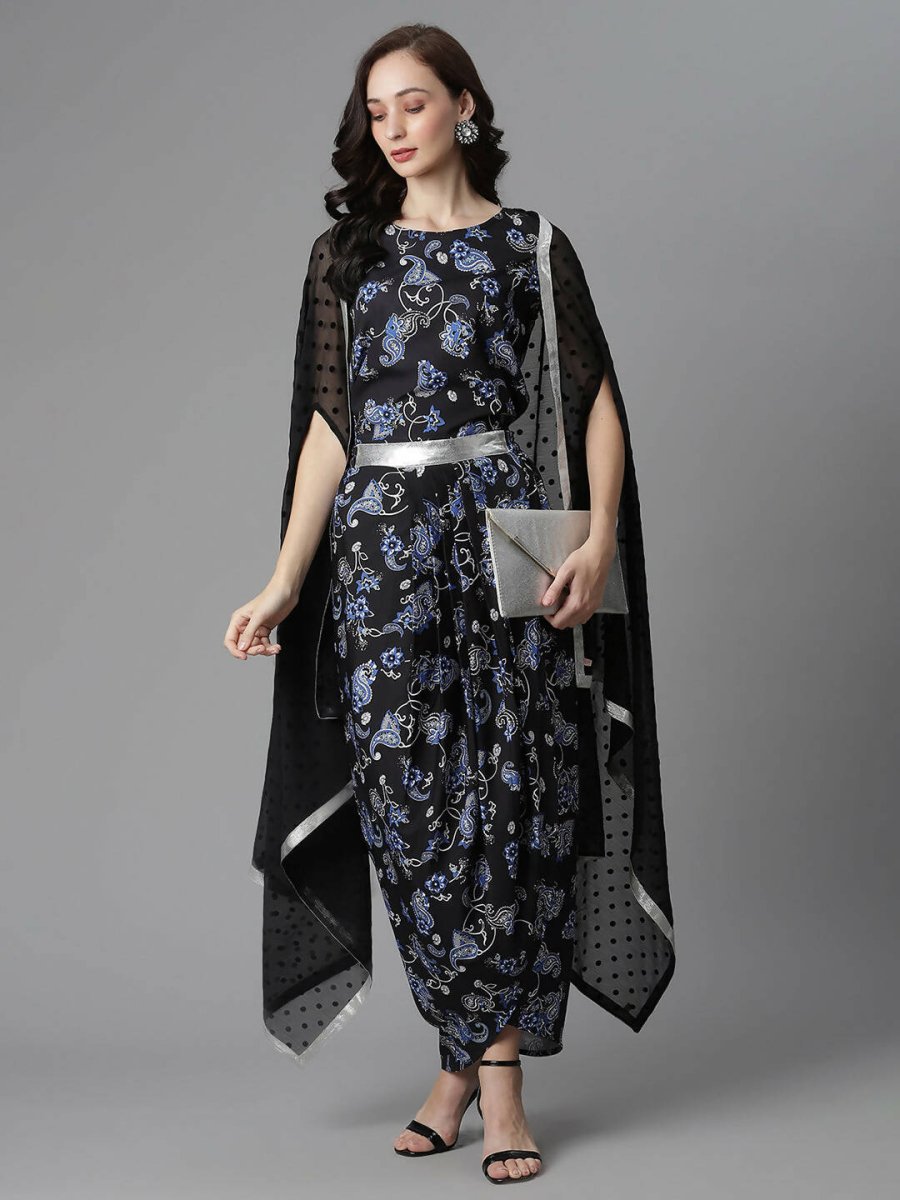 Ahalyaa Women's Black Color Crepe Digital Print Top Skirt With Shrug | Grocsy