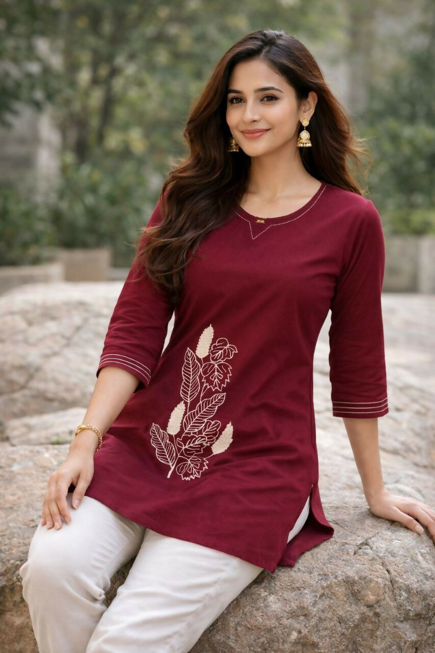 Teeya Creation Womens New Latest Cotton Wine Floral Embroidered Short Kurti | Grocsy