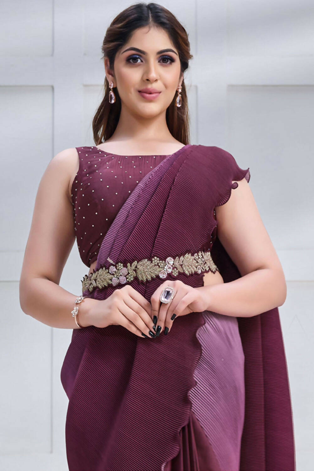 Wine Crepe satin silk Texture with Cord & Sequence Embroidered and Stone work Saree - Mohmanthan Majestica | Grocsy