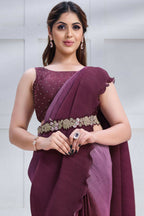 Wine Crepe satin silk Texture with Cord & Sequence Embroidered and Stone work Saree - Mohmanthan Majestica | Grocsy