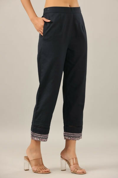 Juniper Navy Blue Solid Cotton Flex Pants With Printed Hem, Pintucks & Lace Work | Grocsy