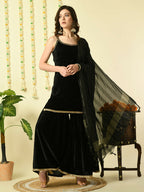 Myshka Women's Black Velvet Kurti & Sharara With Dupatta Party Sets | Grocsy