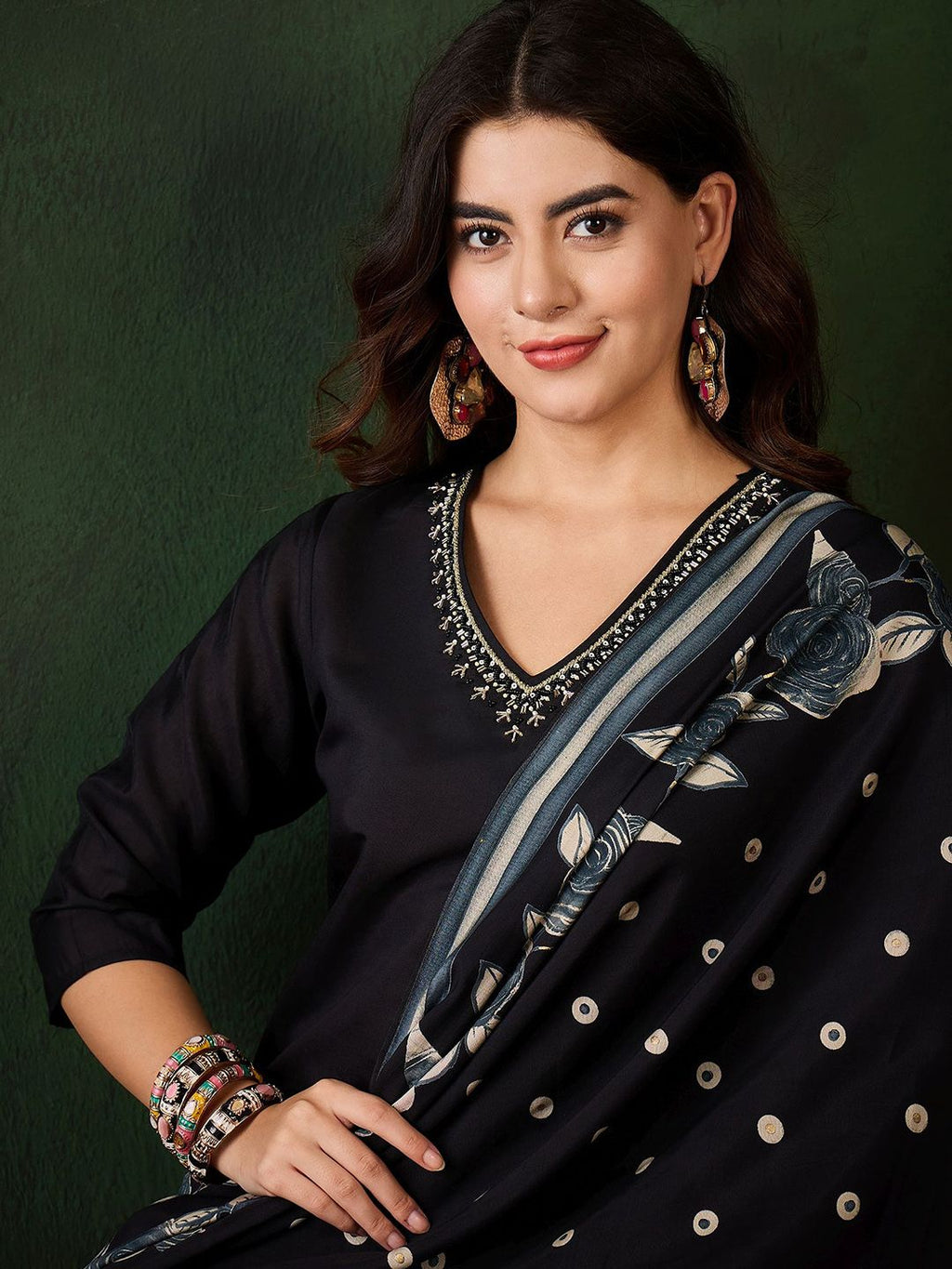 Sangria Floral Printed Sequinned V-Neck Straight Kurta & Trouser With Dupatta | Grocsy