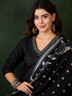 Sangria Floral Printed Sequinned V-Neck Straight Kurta & Trouser With Dupatta | Grocsy