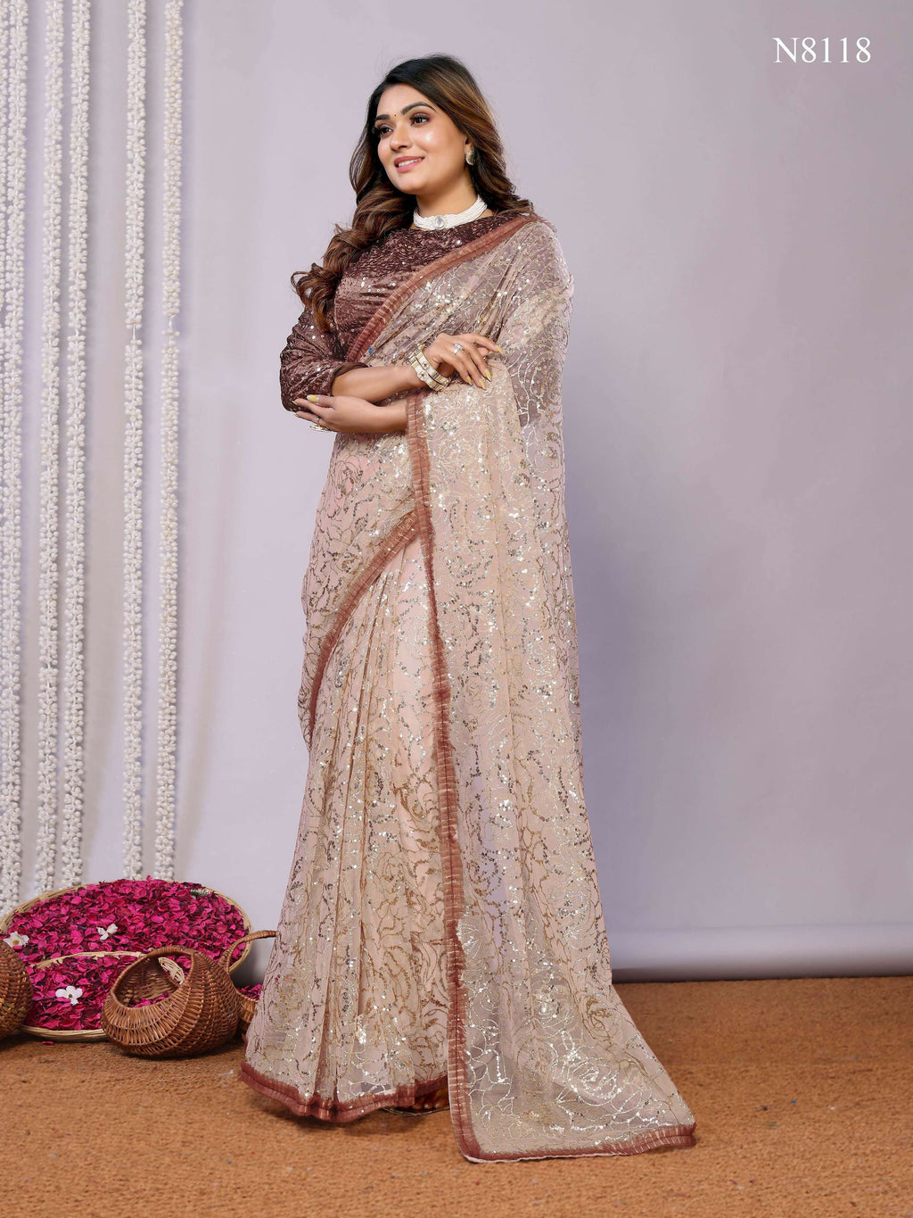 Brown Net Embroidered Saree With Stitched Blouse - Nimaya Kaksha | Grocsy