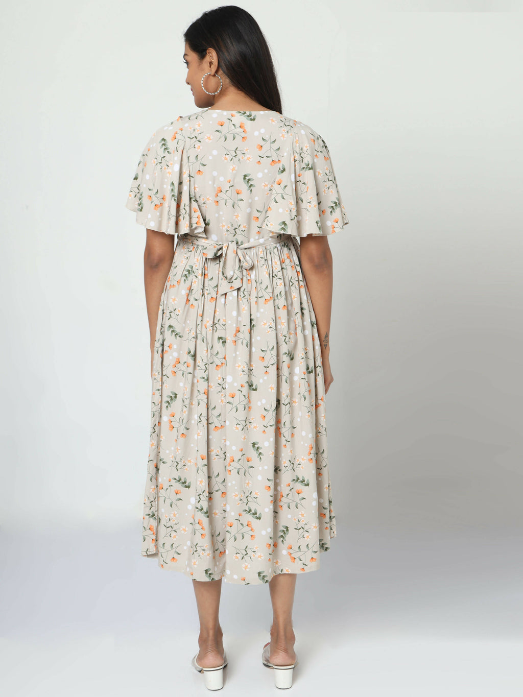 Manet Frill With Sleeves Maternity Dress Floral Print With Concealed Zipper Nursing Access - Cream | Grocsy