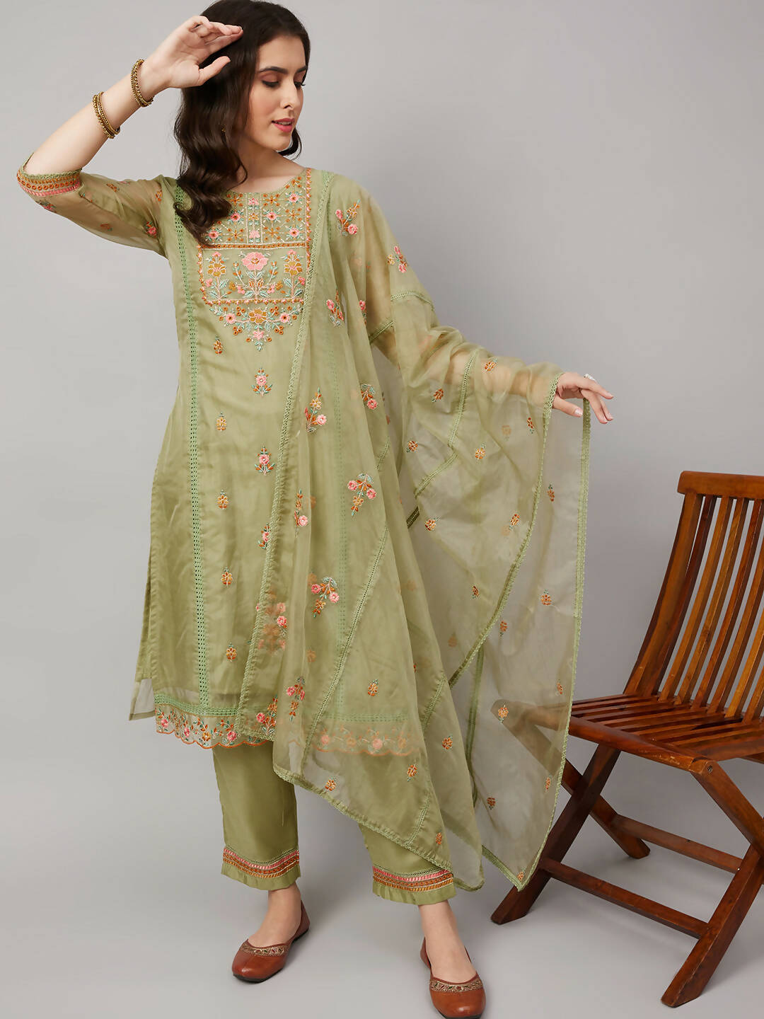 Green Organza Embroidered Kurta with Bottom & Dupatta - Salimar | Grocsy