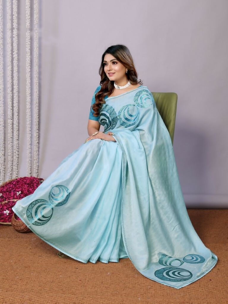 Sky Blue Organza Crepe Printed Stone Work Saree - Norita Saumya | Grocsy