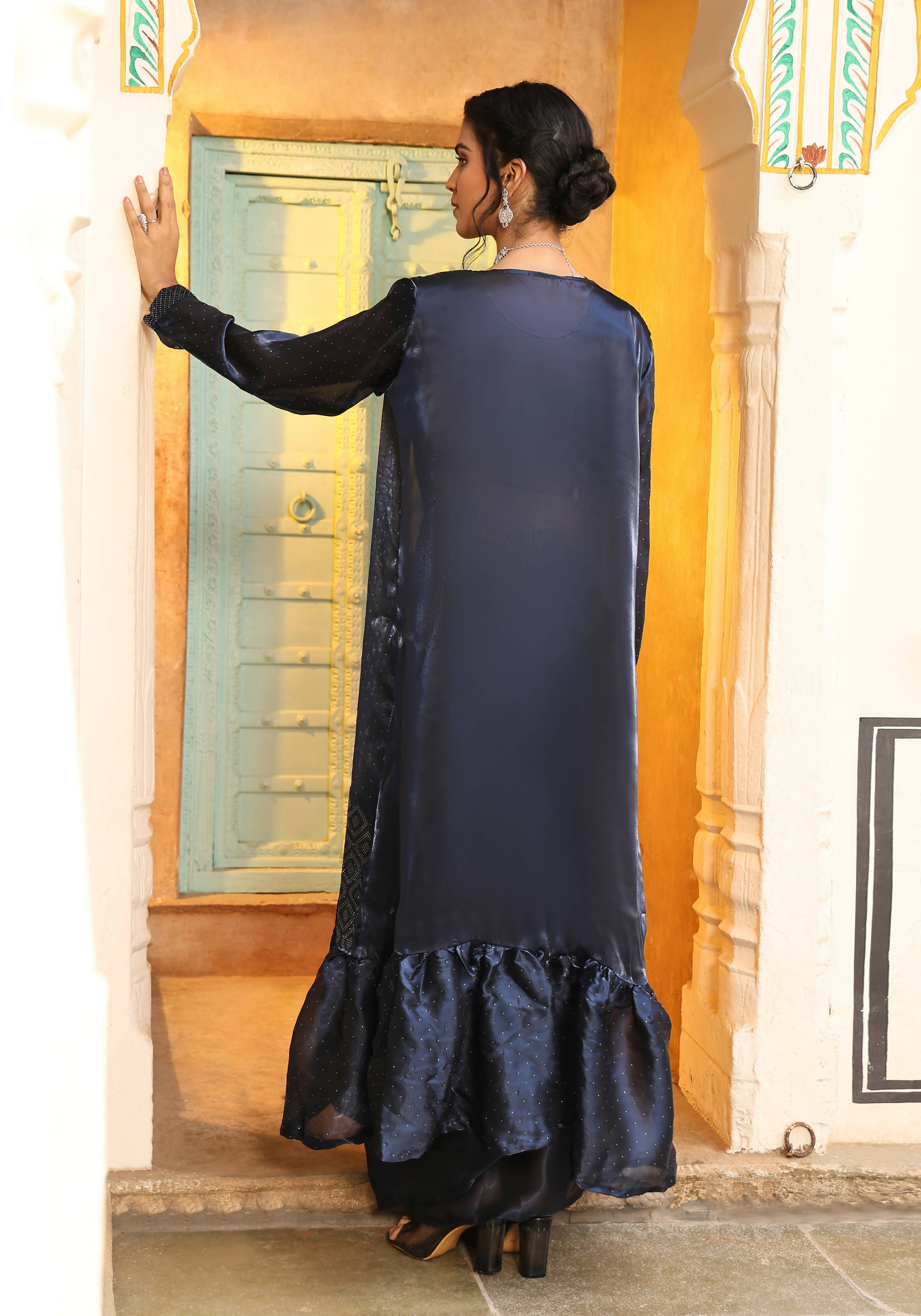 Navy Blue Tom Silk Plain Ready To Wear Saree With Stitched Blouse - Satiksha | Grocsy